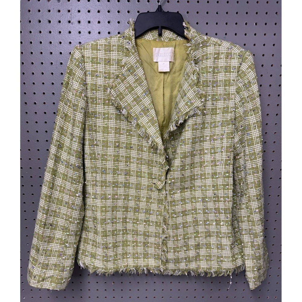 Vintage Carlucci Tweed Blazer Jacket‎ Women Medium Green Classic Tailored Spring